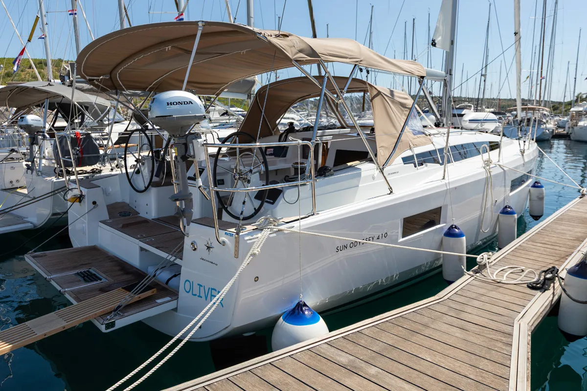 Exterior view of Oliver, a Jeanneau Sun Odyssey 410 sailboat at Primošten, Croatia