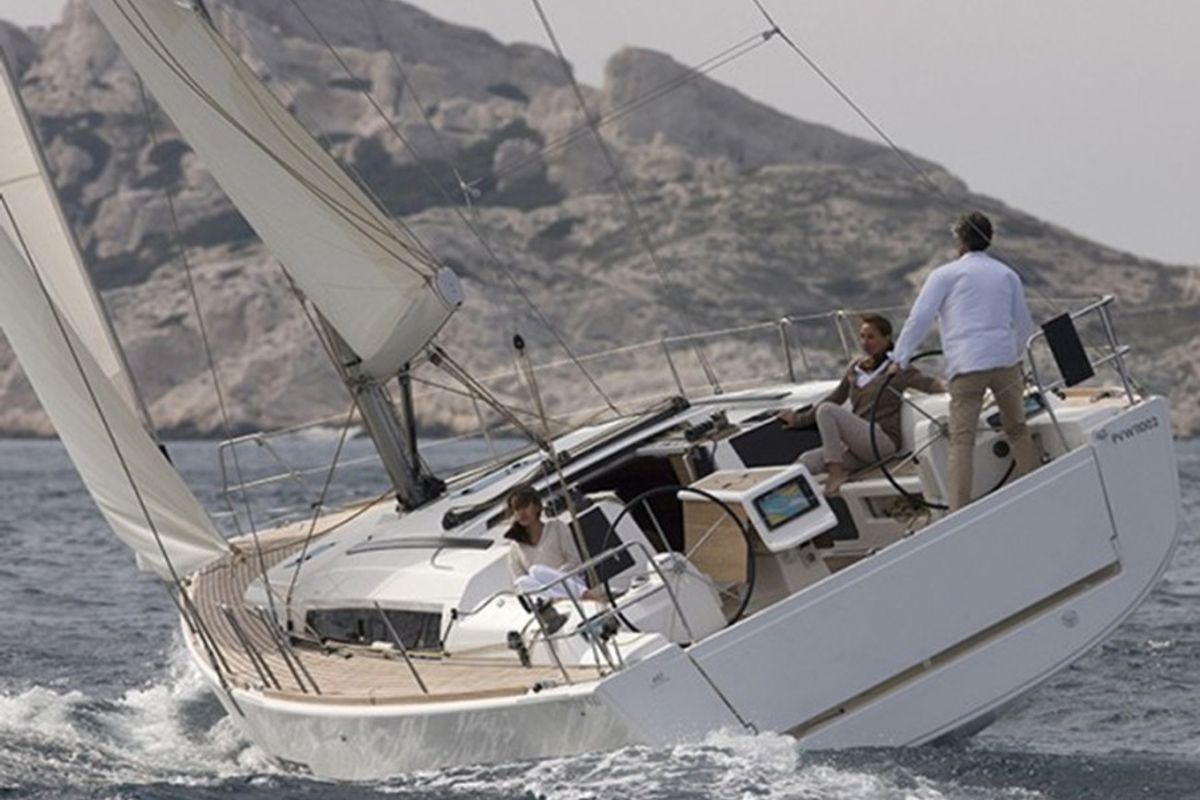 Exterior view of Argo, a Dufour 412 GL sailboat at Municipal Unit of Lefkada, Greece