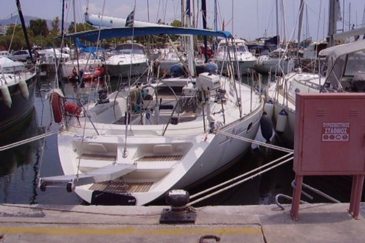 Exterior view of Sweet Sue II, a Jeanneau Sun Odyssey 47 sailboat at Athens, Greece