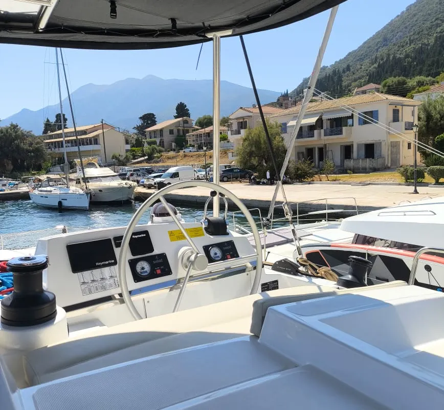 Cockpit of My Santa Irini, a Bali 4.2 catamaran at Municipal Unit of Ellomenos, Greece