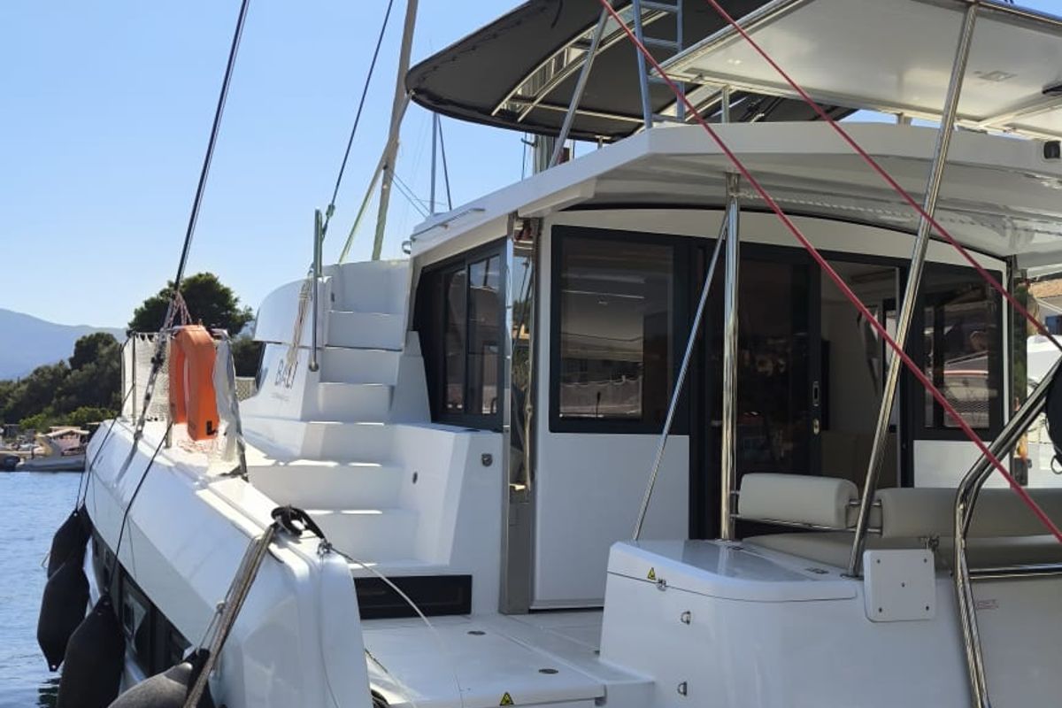 Deck of My Santa Irini, a Bali 4.2 catamaran at Municipal Unit of Ellomenos, Greece