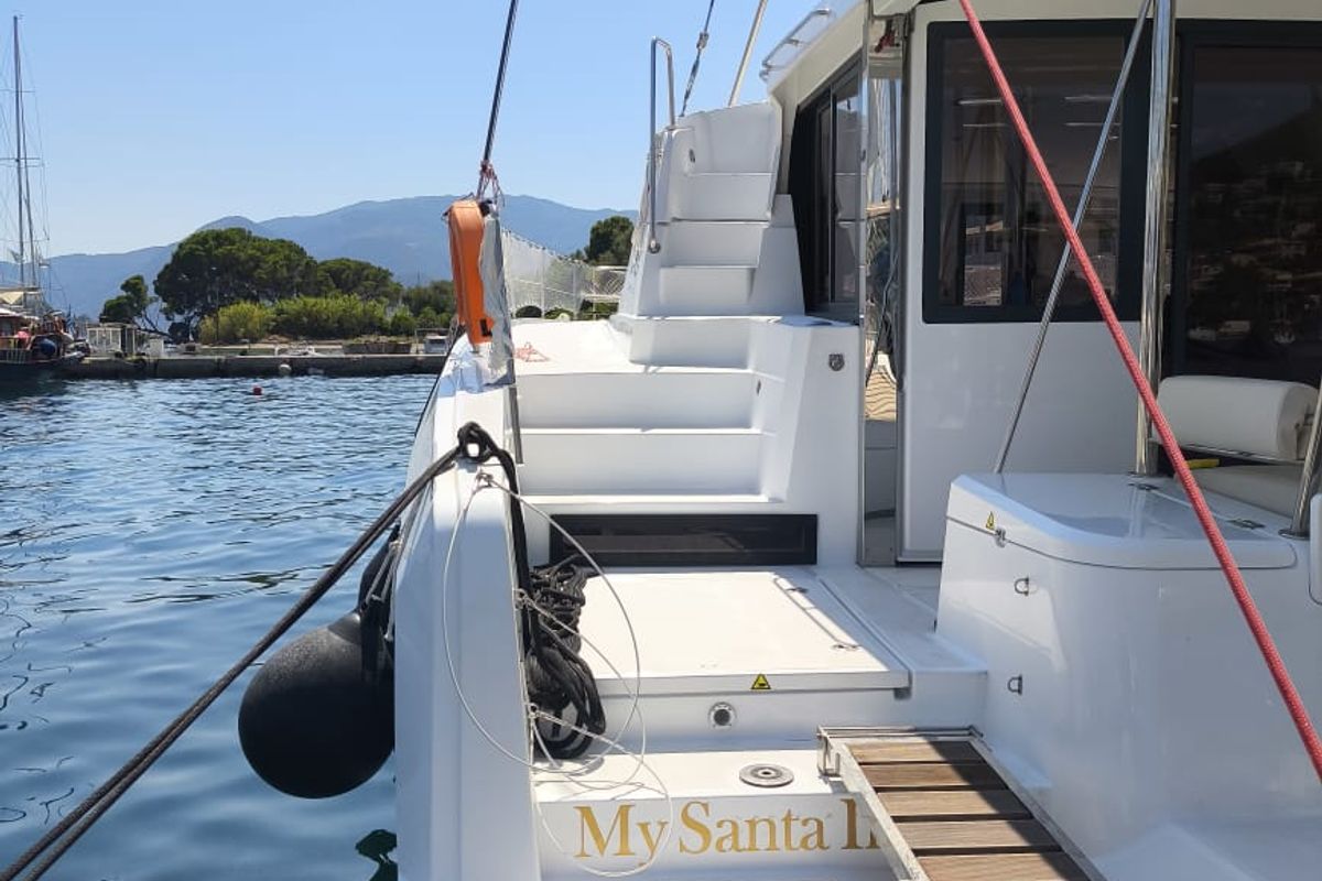 Deck of My Santa Irini, a Bali 4.2 catamaran at Municipal Unit of Ellomenos, Greece