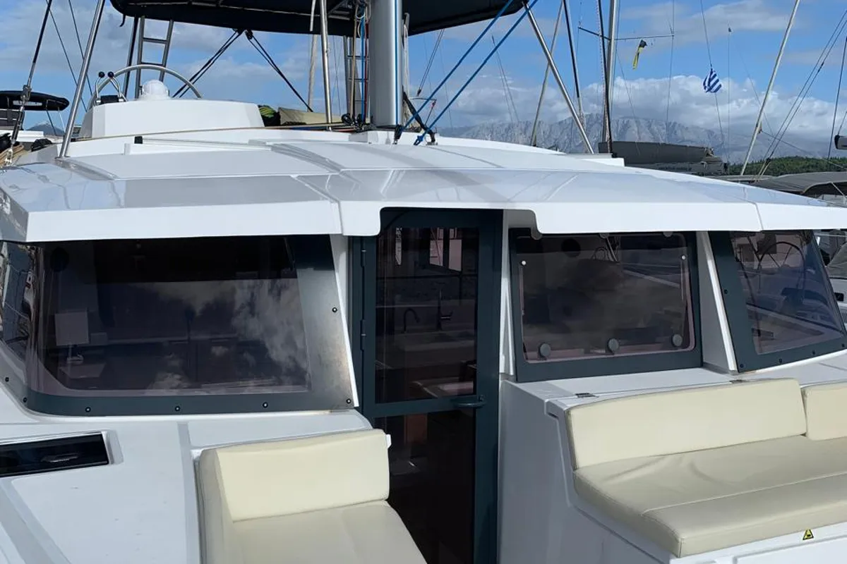 Deck of My Santa Irini, a Bali 4.2 catamaran at Municipal Unit of Ellomenos, Greece
