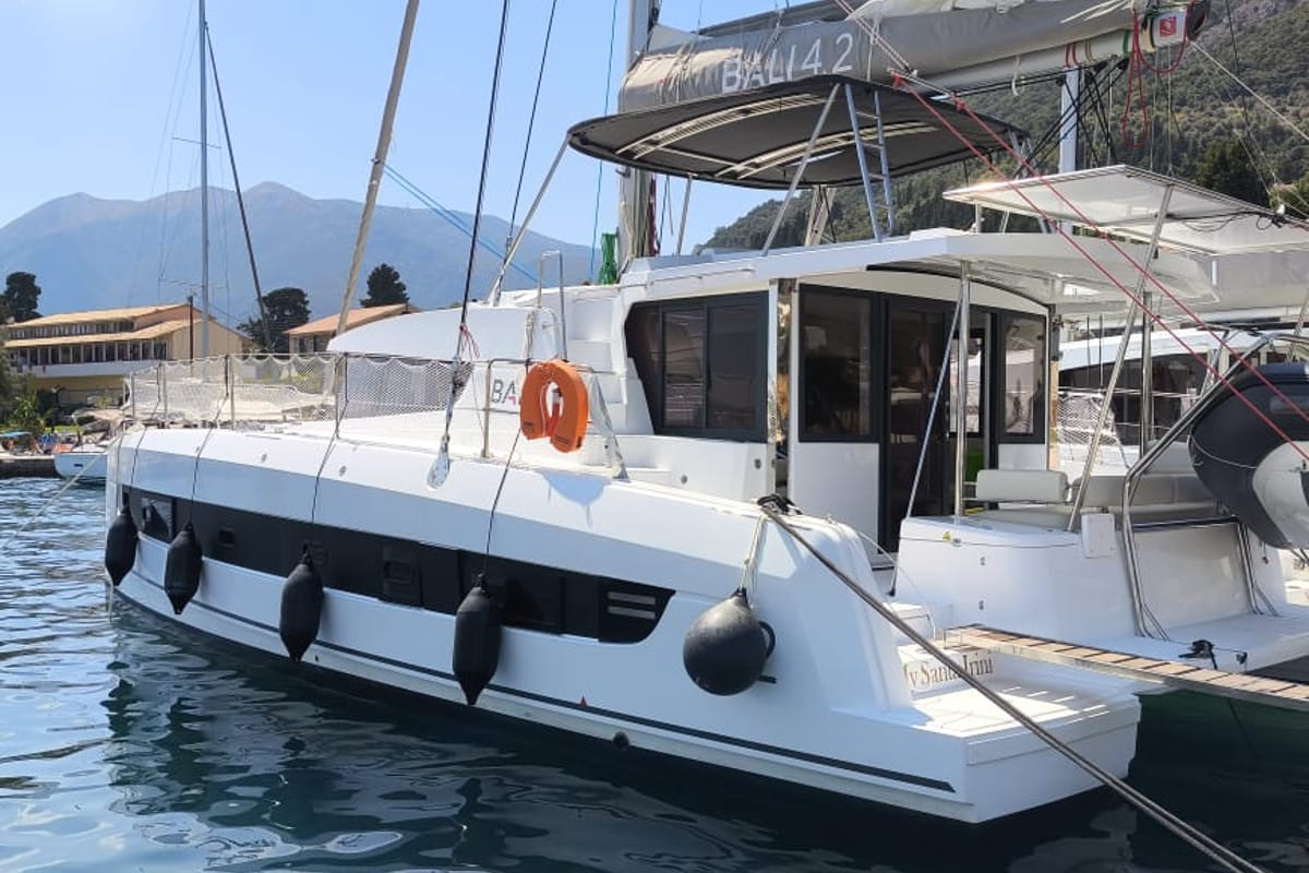 Exterior view of My Santa Irini, a Bali 4.2 catamaran at Municipal Unit of Ellomenos, Greece
