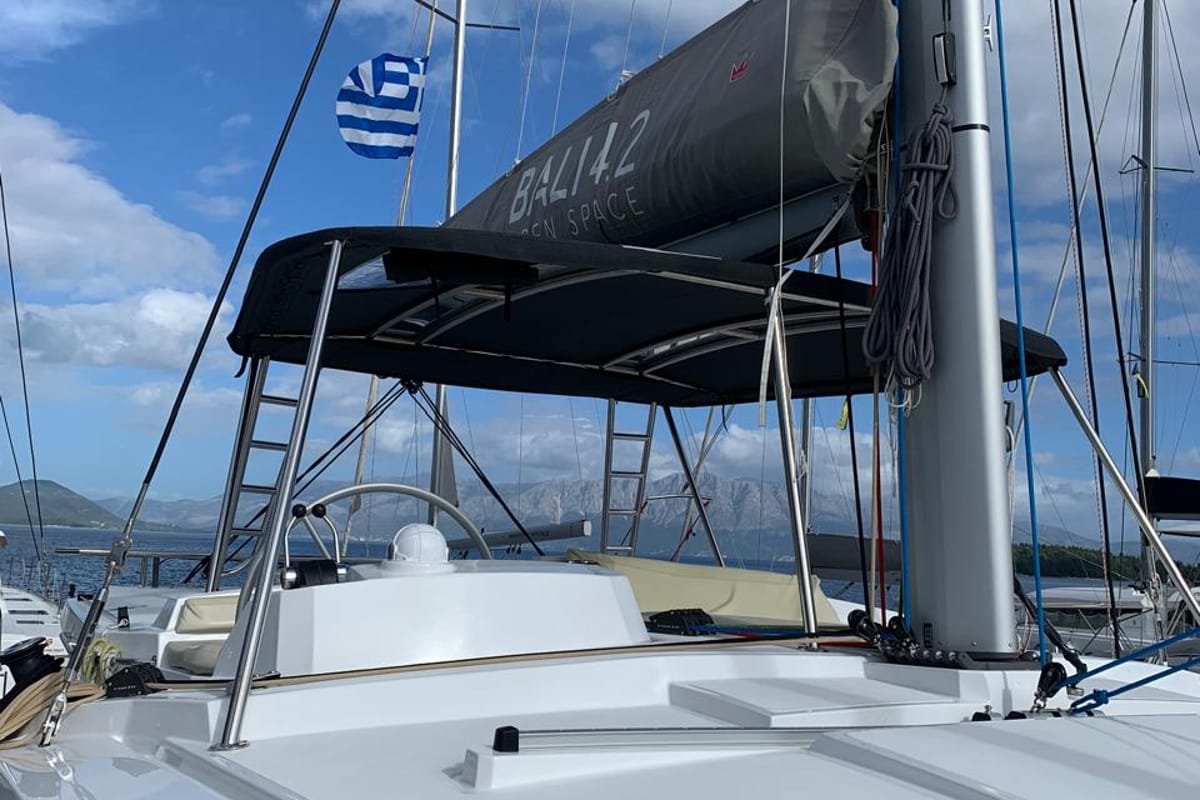 Deck of My Santa Irini, a Bali 4.2 catamaran at Municipal Unit of Ellomenos, Greece