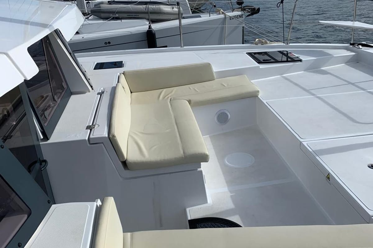 Deck of My Santa Irini, a Bali 4.2 catamaran at Municipal Unit of Ellomenos, Greece