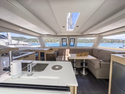 Salon of Portofino, a Fountaine Pajot Isla 40 catamaran at Fethiye, Turkey