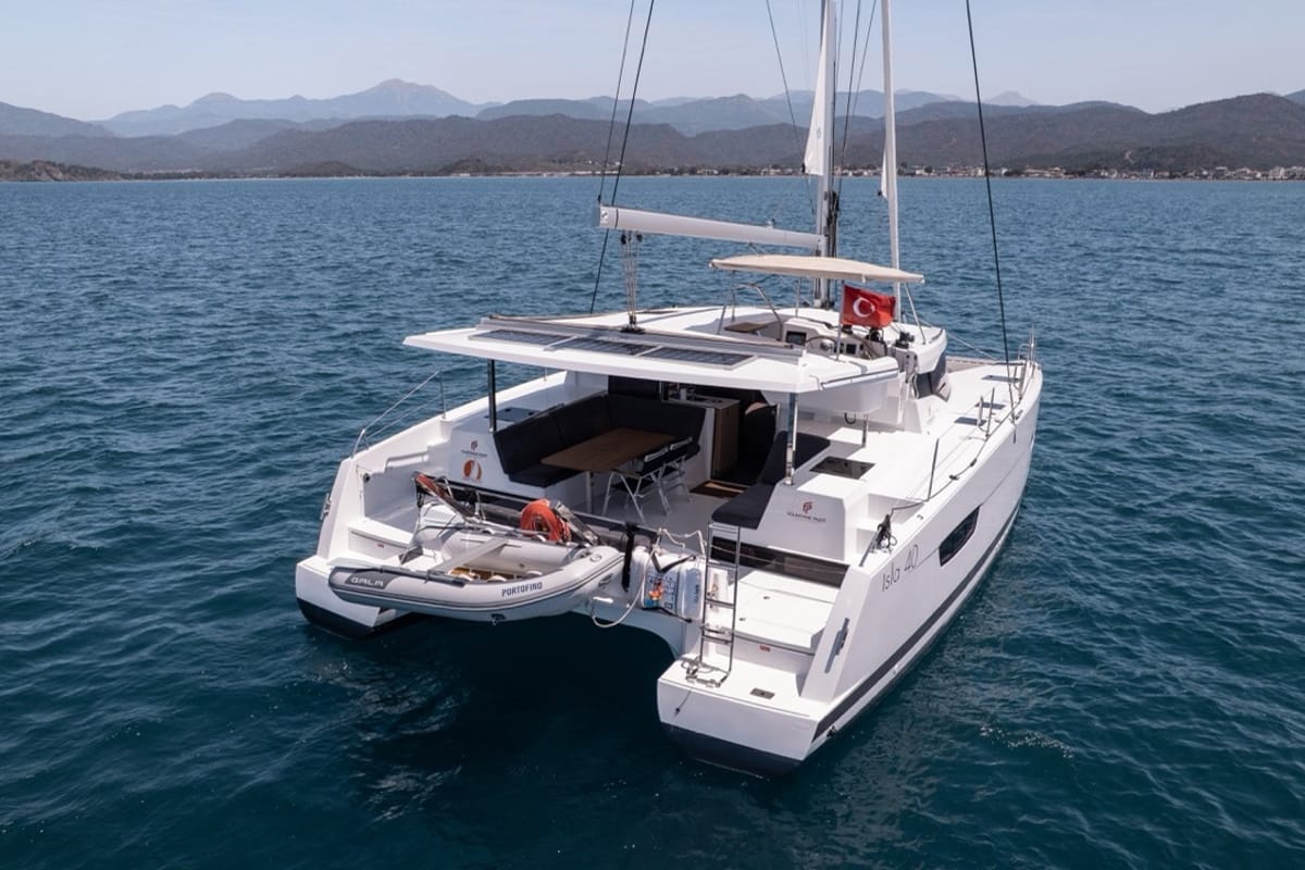 Exterior view of Portofino, a Fountaine Pajot Isla 40 catamaran at Fethiye, Turkey
