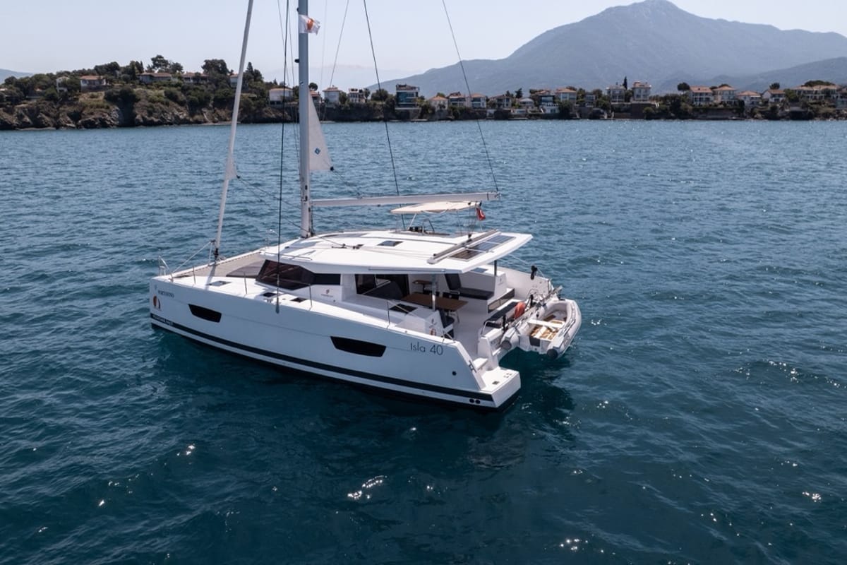 Exterior view of Portofino, a Fountaine Pajot Isla 40 catamaran at Fethiye, Turkey