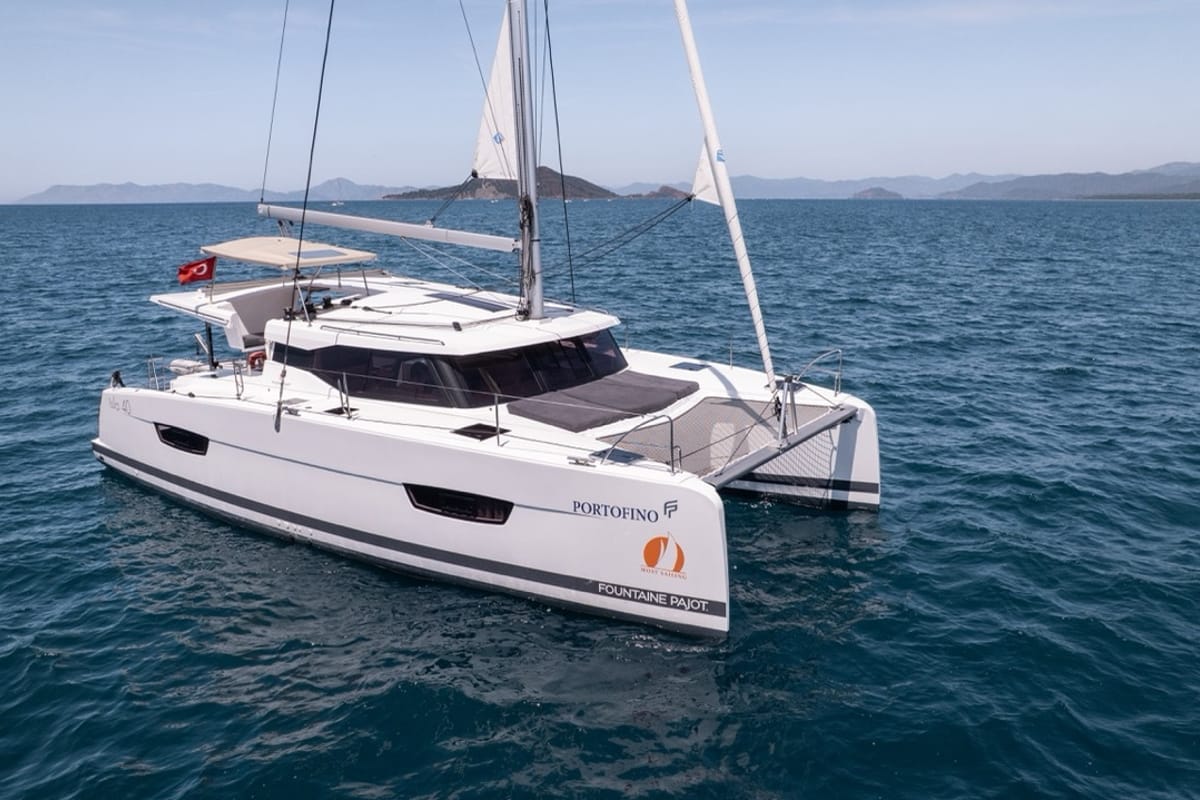 Exterior view of Portofino, a Fountaine Pajot Isla 40 catamaran at Fethiye, Turkey