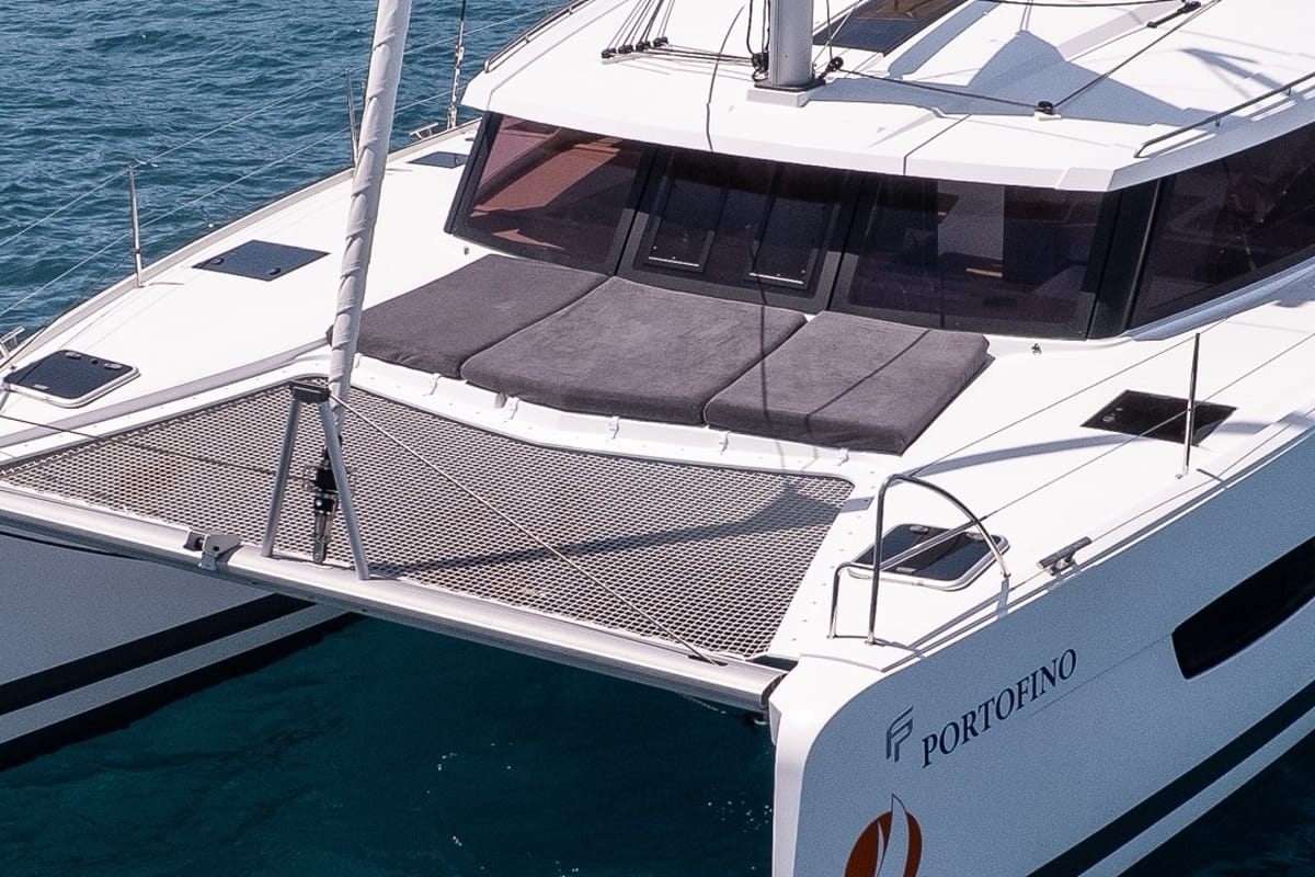 Deck of Portofino, a Fountaine Pajot Isla 40 catamaran at Fethiye, Turkey