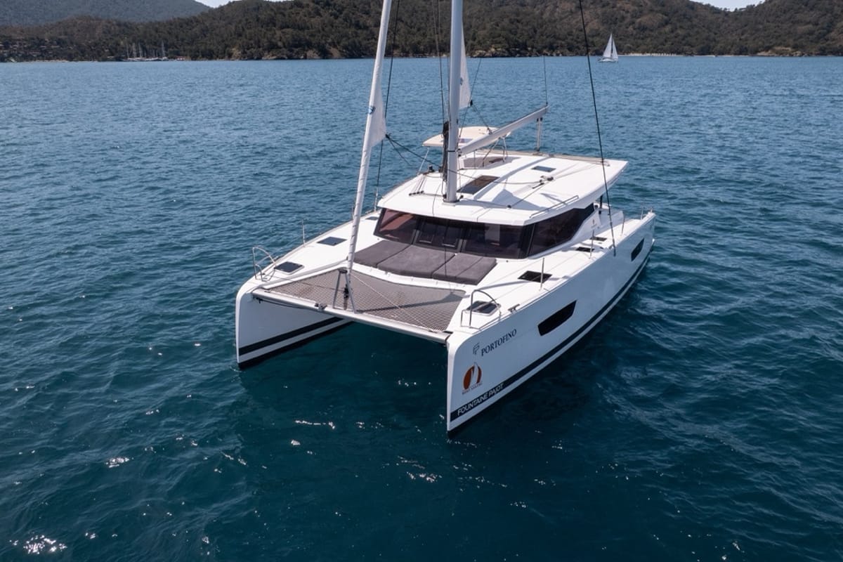 Exterior view of Portofino, a Fountaine Pajot Isla 40 catamaran at Fethiye, Turkey