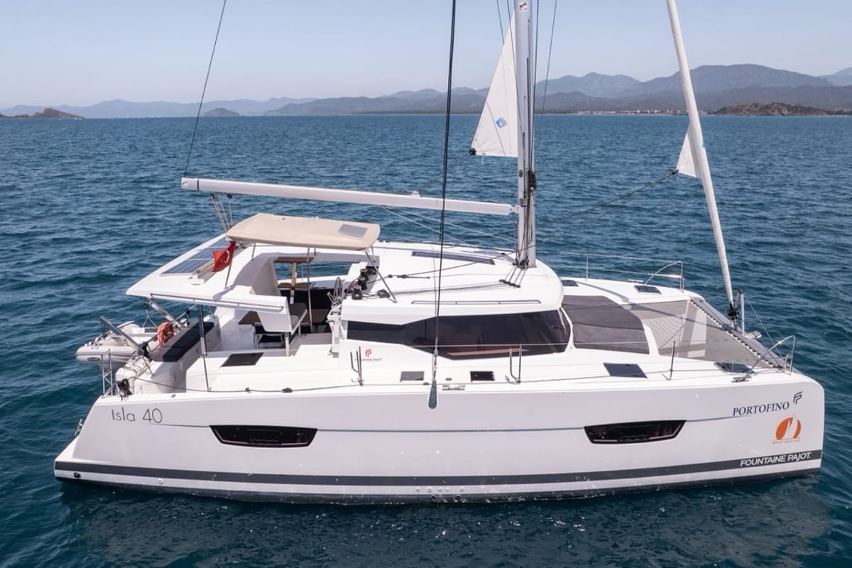Exterior view of Portofino, a Fountaine Pajot Isla 40 catamaran at Fethiye, Turkey