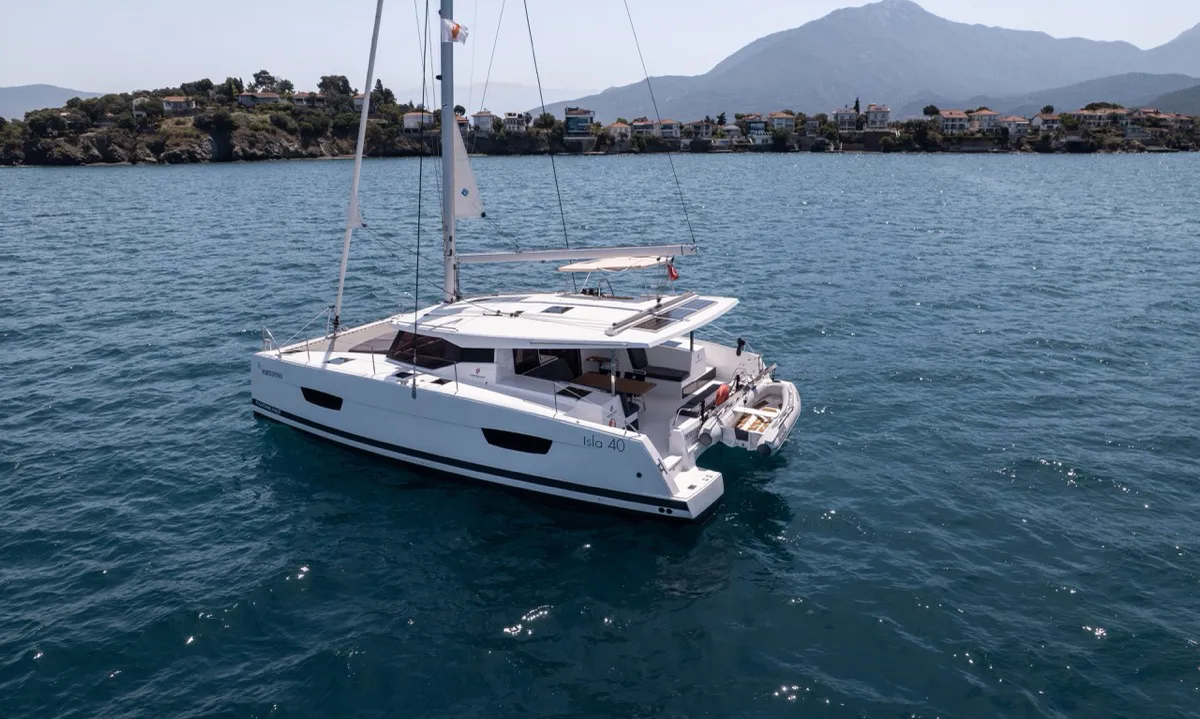 Portofino, a Fountaine Pajot Isla 40 catamaran at Fethiye, Turkey