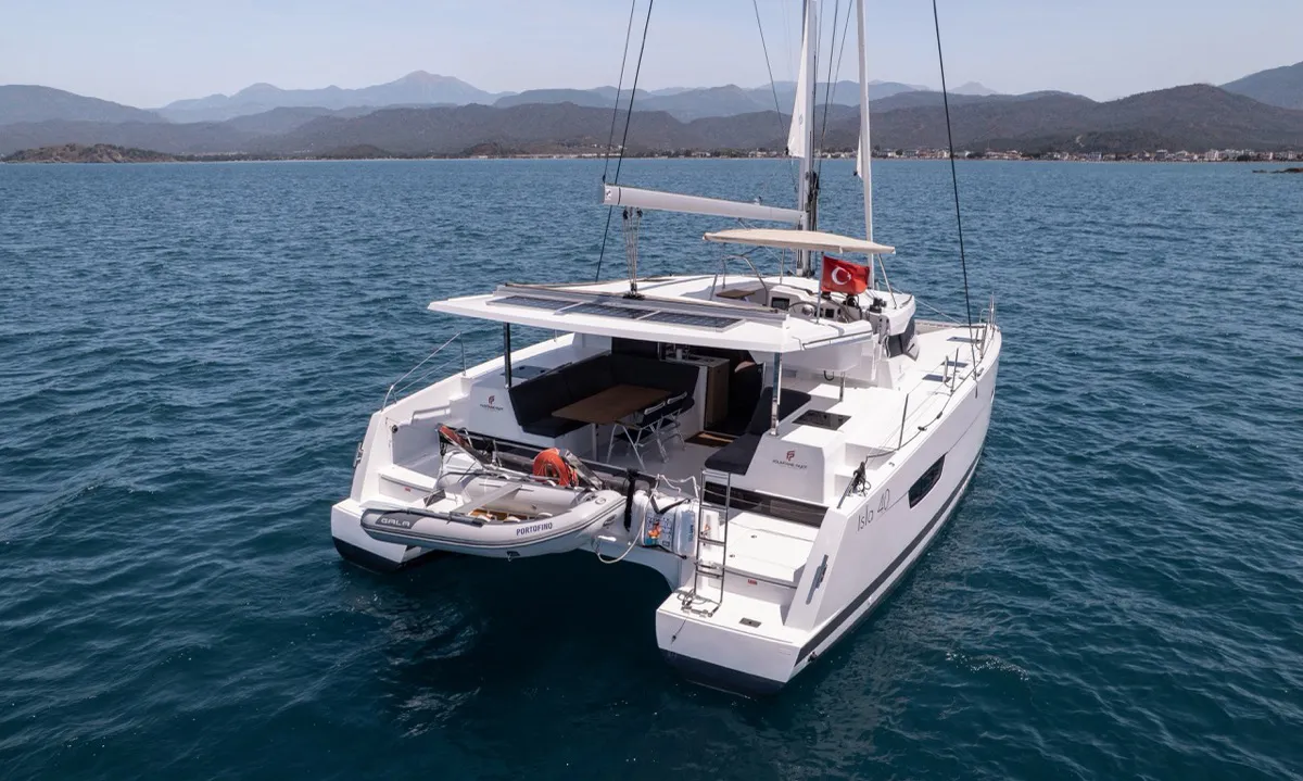 Portofino, a Fountaine Pajot Isla 40 catamaran at Fethiye, Turkey