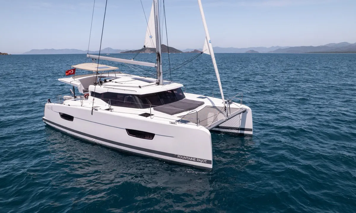 Portofino, a Fountaine Pajot Isla 40 catamaran at Fethiye, Turkey