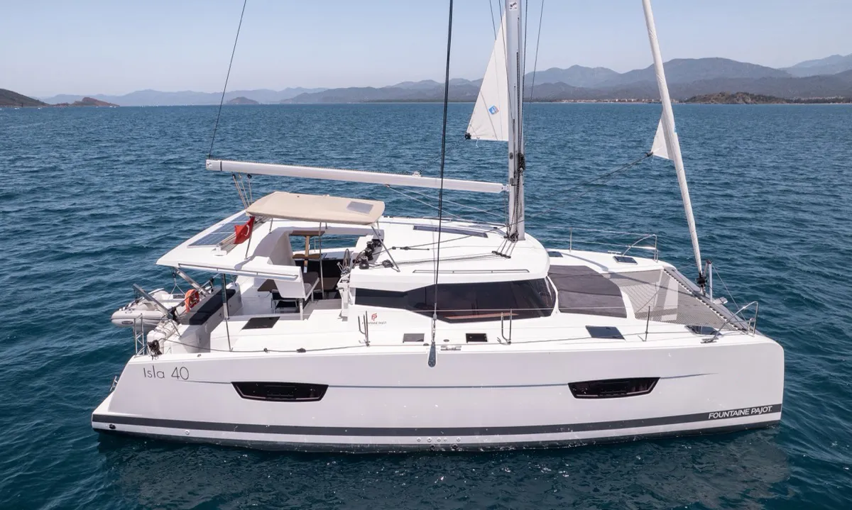 Portofino, a Fountaine Pajot Isla 40 catamaran at Fethiye, Turkey