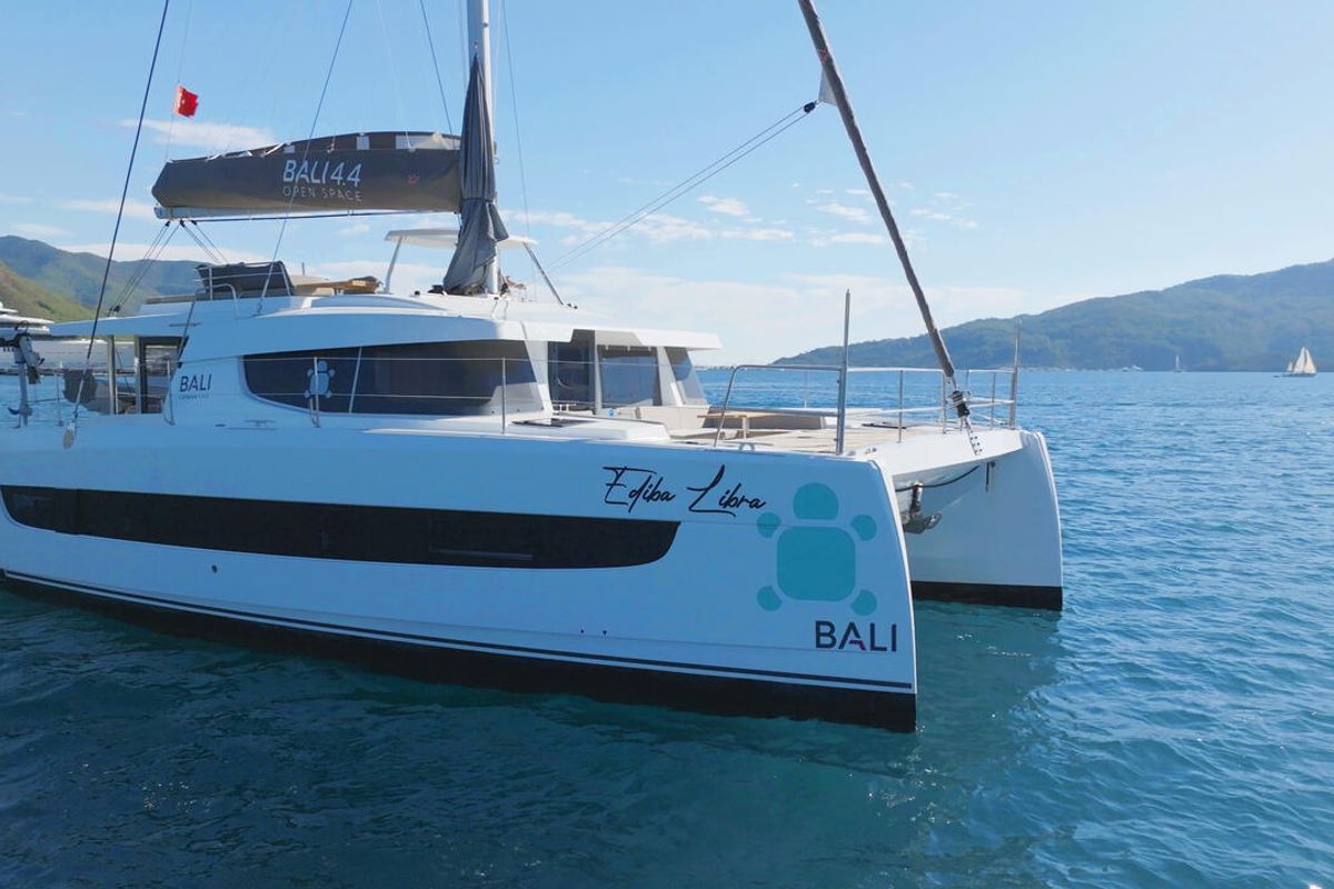 Exterior view of Ediba Libra, a Bali 4.4 catamaran at Marmaris, Turkey