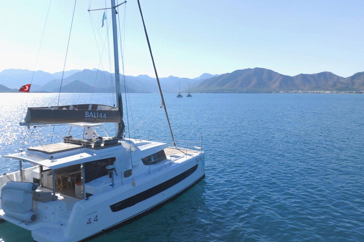 Exterior view of Ediba Libra, a Bali 4.4 catamaran at Marmaris, Turkey