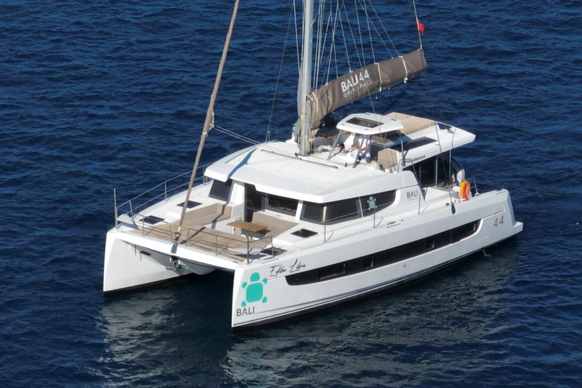 Exterior view of Ediba Libra, a Bali 4.4 catamaran at Marmaris, Turkey