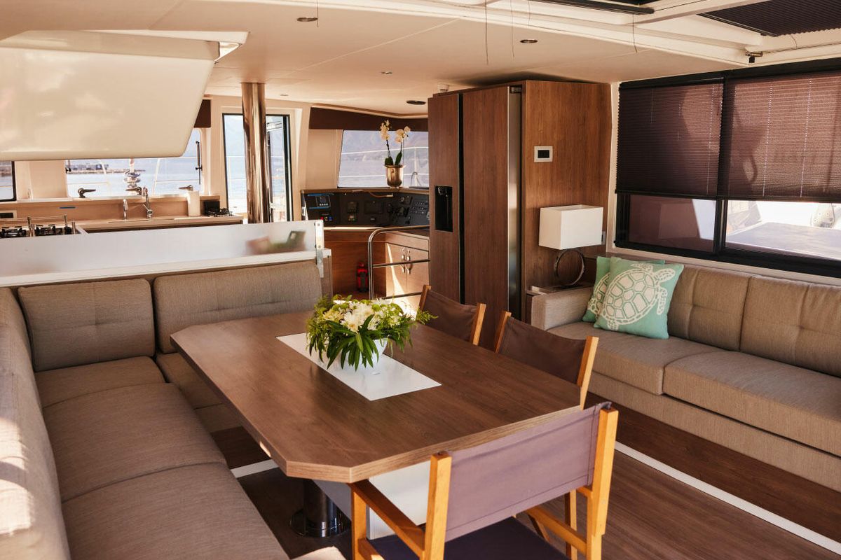 Salon of Ediba Libra, a Bali 4.4 catamaran at Marmaris, Turkey