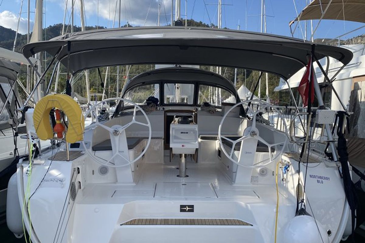 Cockpit of Northberry, a Bavaria Cruiser 41 sailboat at Fethiye, Turkey