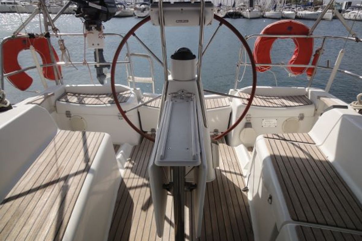 Cockpit of Celeste, a Jeanneau Sun Odyssey 36i sailboat at Lavreotiki Municipal Unit, Greece