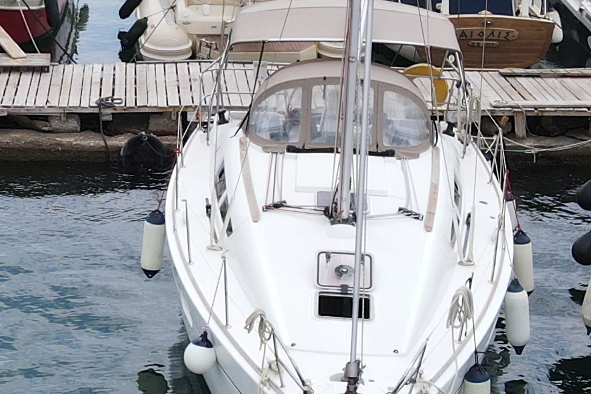 Exterior view of Celeste, a Jeanneau Sun Odyssey 36i sailboat at Lavreotiki Municipal Unit, Greece
