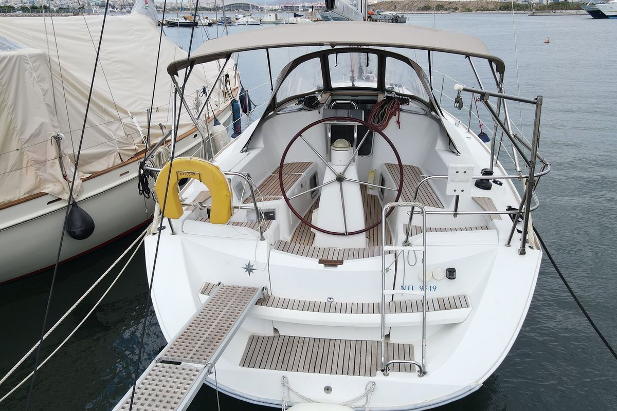 Exterior view of Celeste, a Jeanneau Sun Odyssey 36i sailboat at Lavreotiki Municipal Unit, Greece