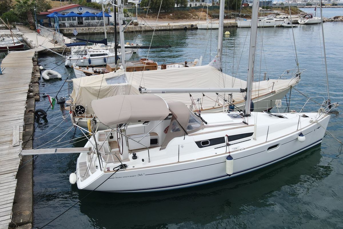 Exterior view of Celeste, a Jeanneau Sun Odyssey 36i sailboat at Lavreotiki Municipal Unit, Greece