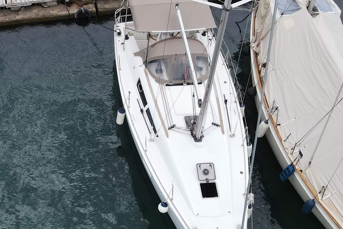 Exterior view of Celeste, a Jeanneau Sun Odyssey 36i sailboat at Lavreotiki Municipal Unit, Greece