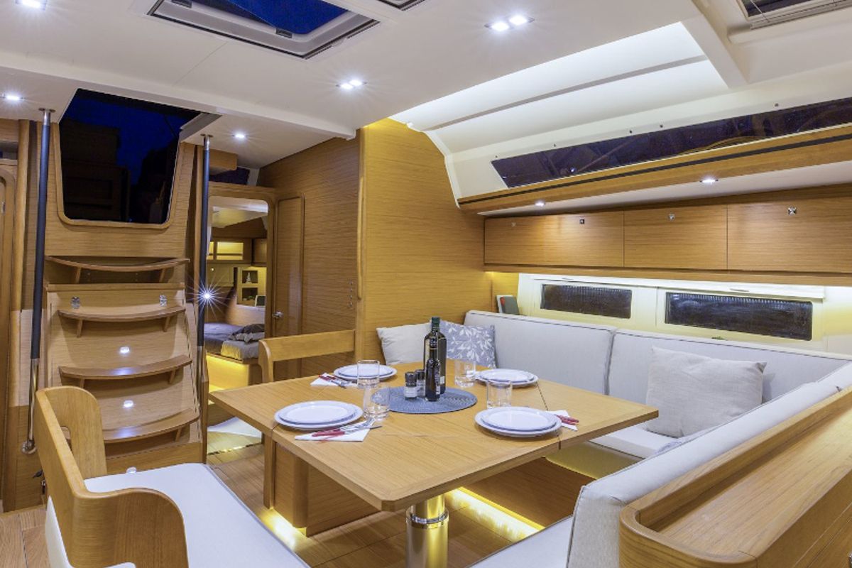 Salon of Sunshine Planet, a Dufour 520 Grand Large sailboat at Marsala, Italy