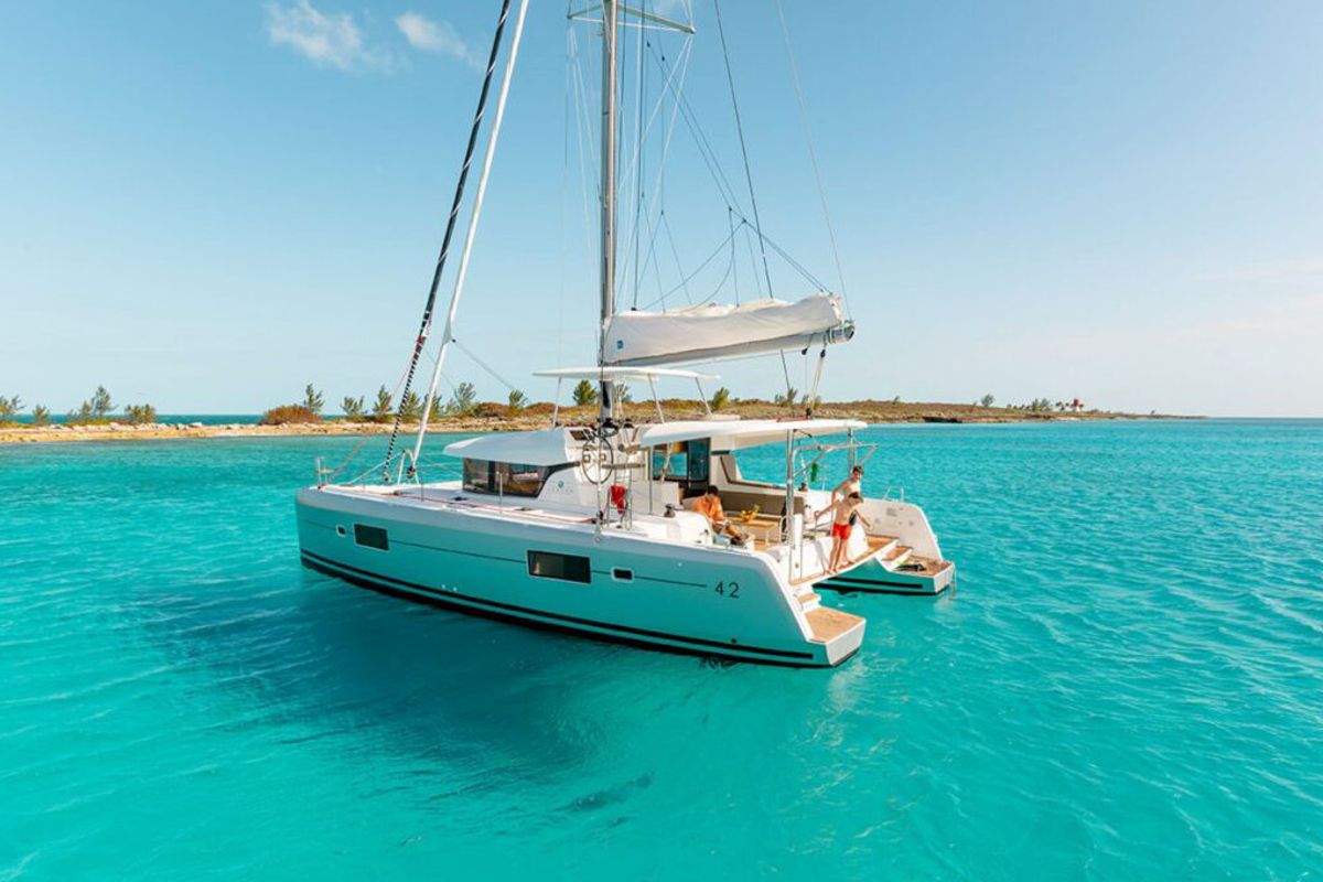 Exterior view of Midas, a Lagoon 42 catamaran at Athens, Greece