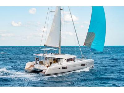 Exterior view of Midas, a Lagoon 42 catamaran at Athens, Greece