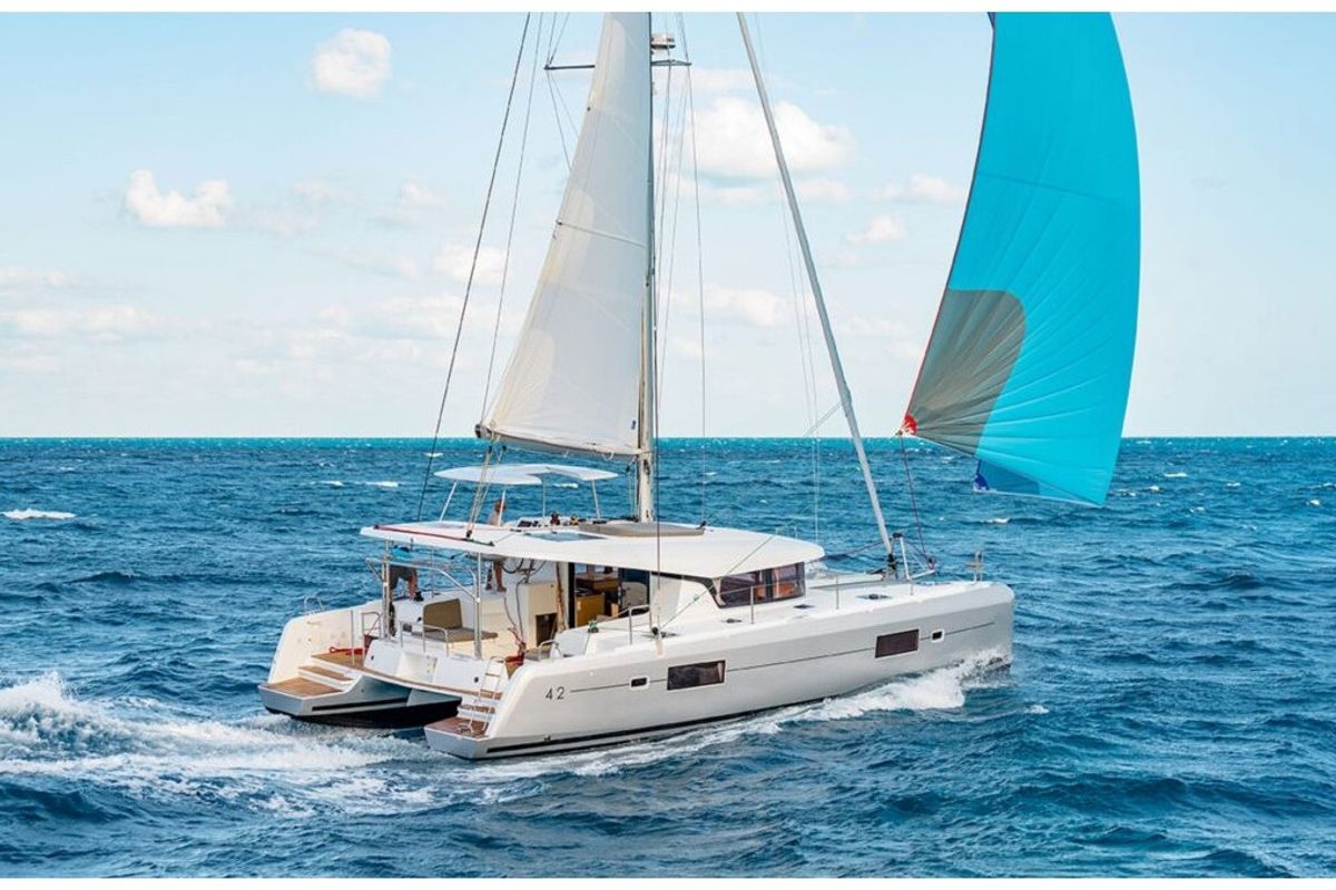 Exterior view of Midas, a Lagoon 42 catamaran at Athens, Greece