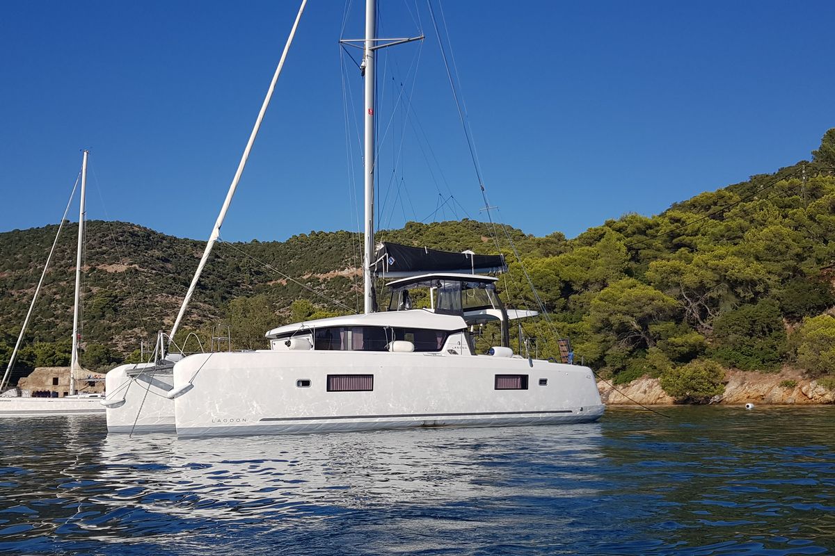 Exterior view of Midas, a Lagoon 42 catamaran at Athens, Greece