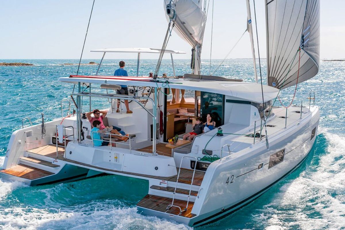 Exterior view of Midas, a Lagoon 42 catamaran at Athens, Greece