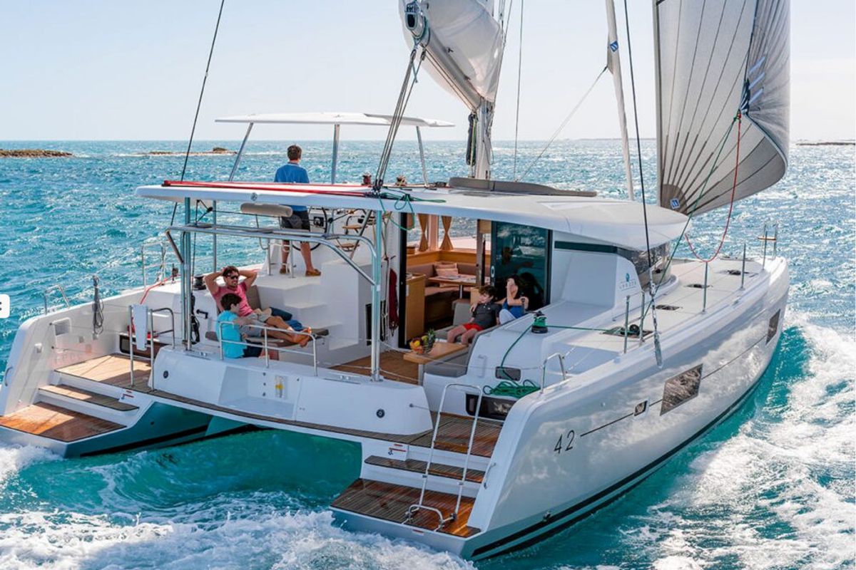 Exterior view of Midas, a Lagoon 42 catamaran at Athens, Greece