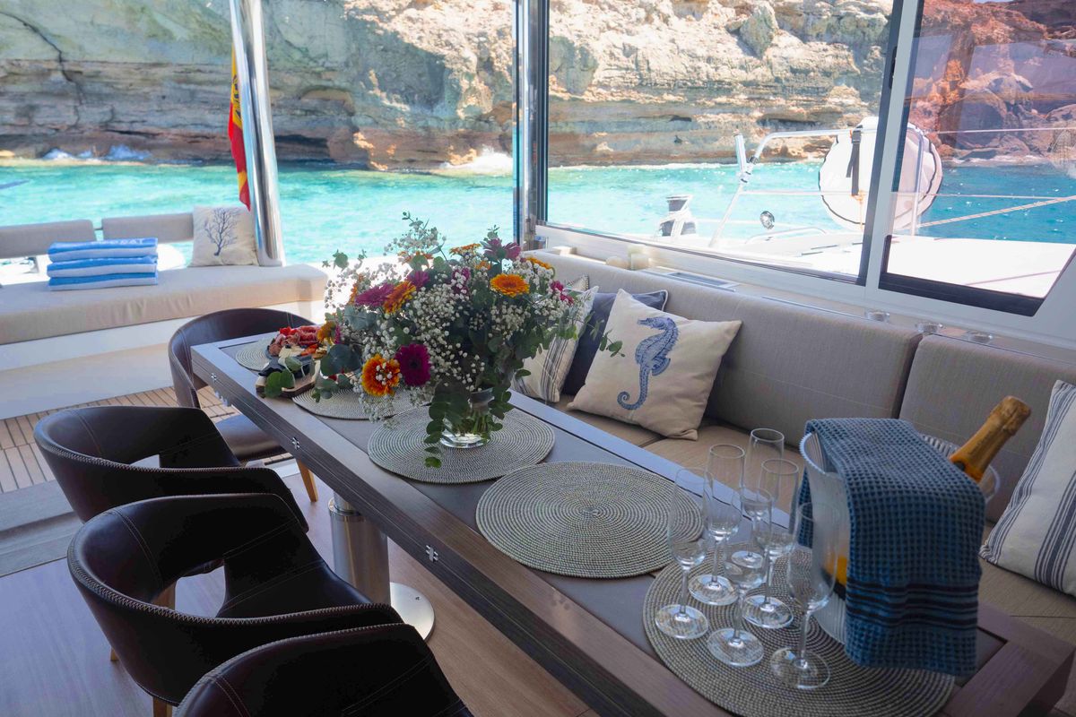Salon of MIM OCEAN 2, a Bali 5.4 catamaran at Port d'Andratx, Spain