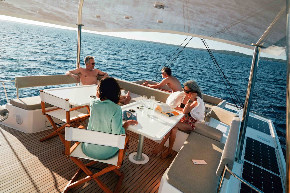 Deck of MIM OCEAN 2, a Bali 5.4 catamaran at Port d'Andratx, Spain