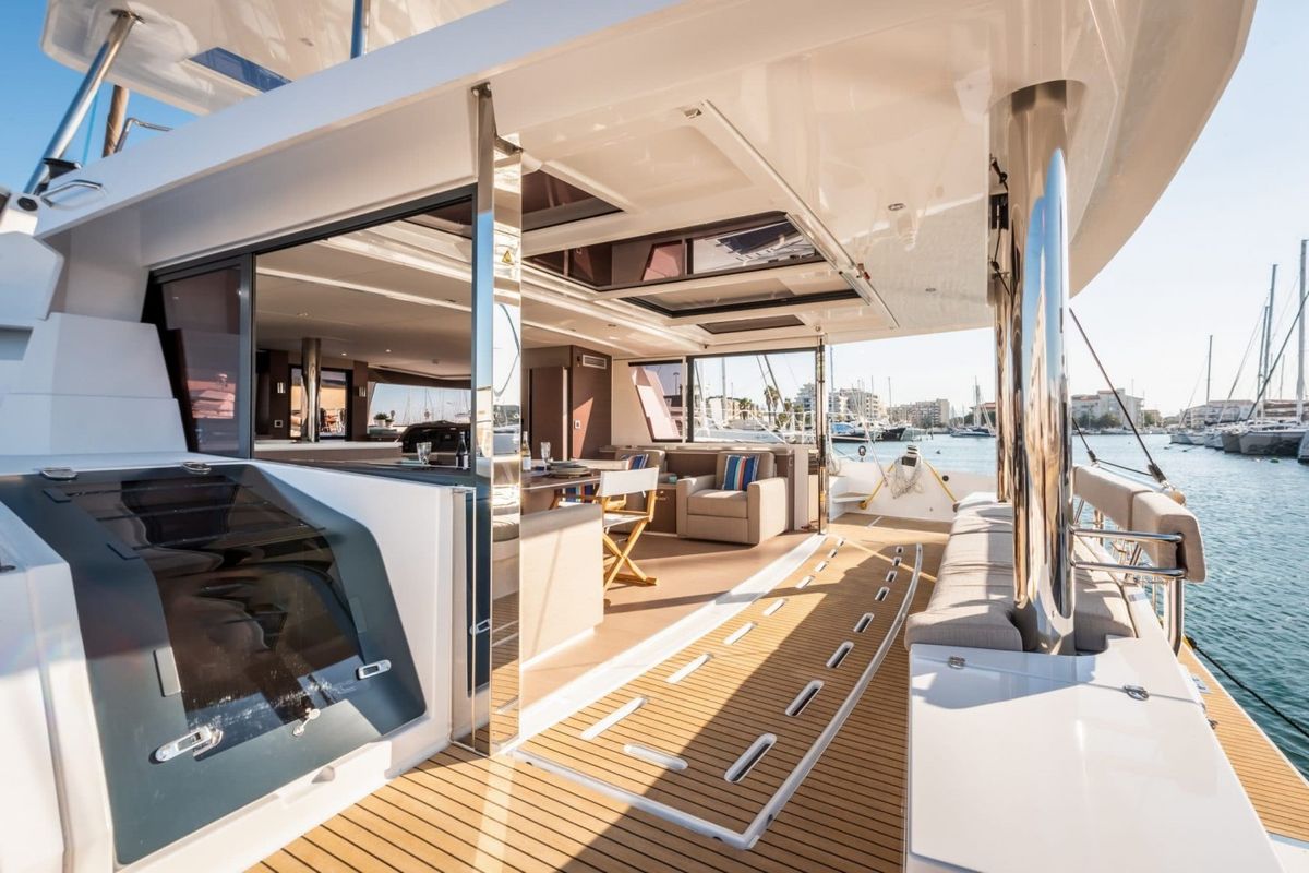 Deck of MIM OCEAN 2, a Bali 5.4 catamaran at Port d'Andratx, Spain