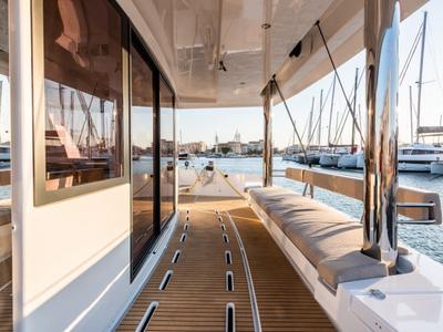 Deck of MIM OCEAN 2, a Bali 5.4 catamaran at Port d'Andratx, Spain
