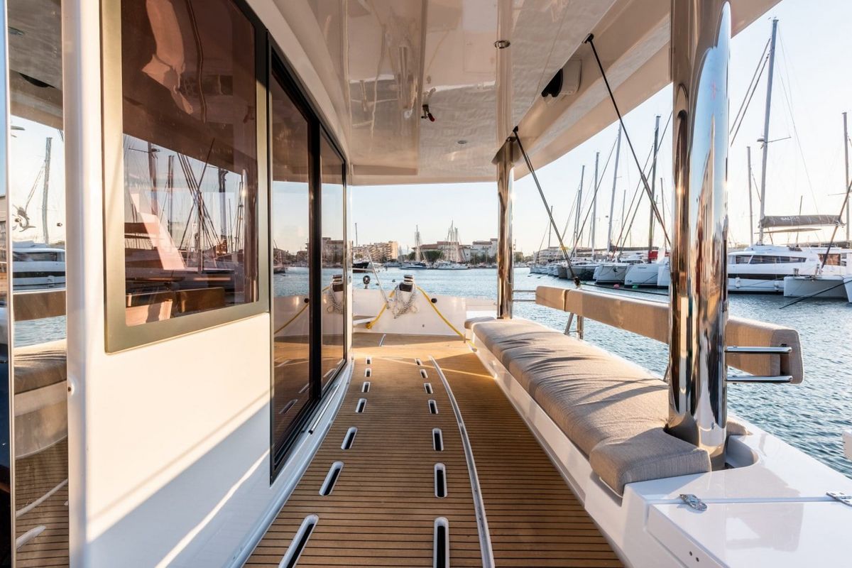 Deck of MIM OCEAN 2, a Bali 5.4 catamaran at Port d'Andratx, Spain