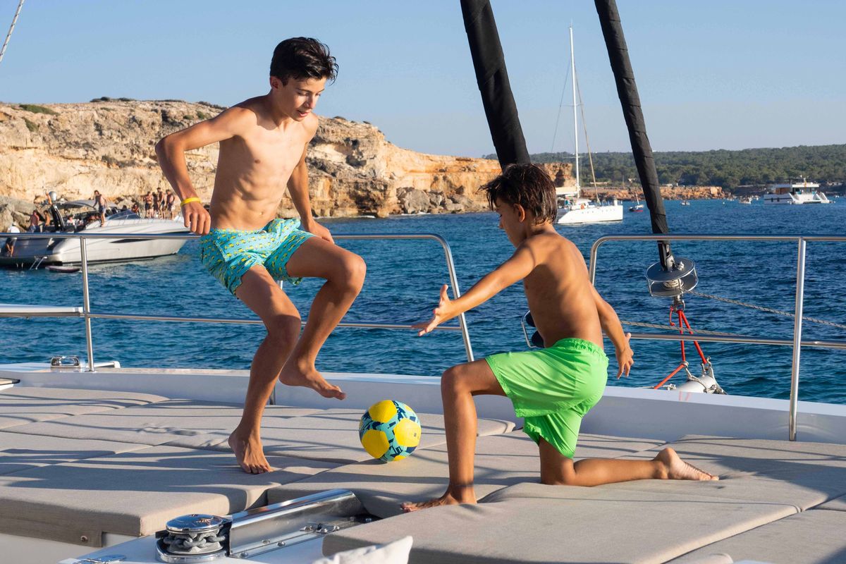 Deck of MIM OCEAN 2, a Bali 5.4 catamaran at Port d'Andratx, Spain