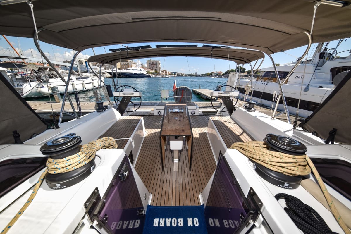 Deck of La Familia, a Dufour 470 sailboat at Zadar, Croatia