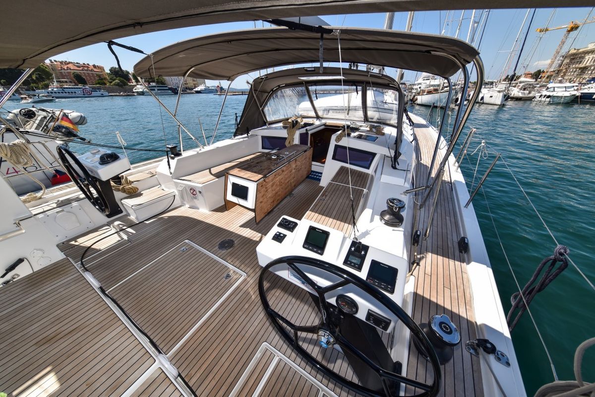 Deck of La Familia, a Dufour 470 sailboat at Zadar, Croatia