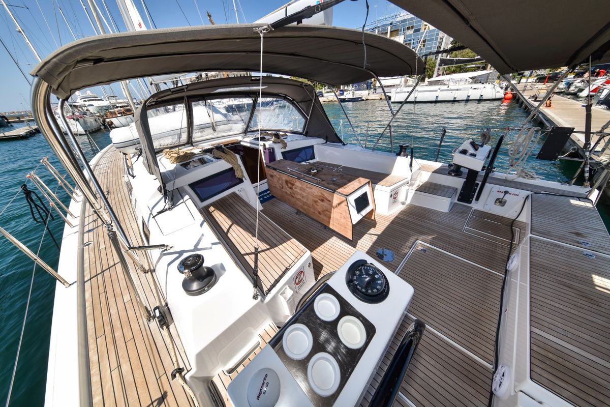 Deck of La Familia, a Dufour 470 sailboat at Zadar, Croatia