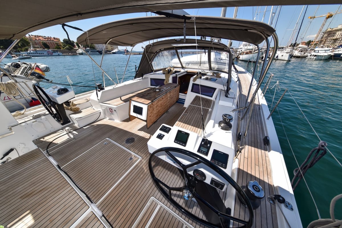 Cockpit of La Familia, a Dufour 470 sailboat at Zadar, Croatia