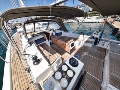 Cockpit of La Familia, a Dufour 470 sailboat at Zadar, Croatia