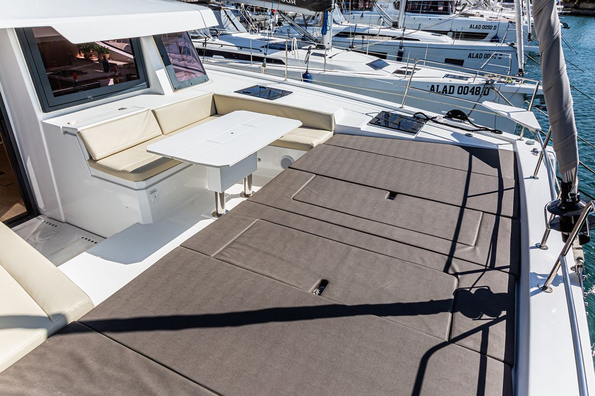 Deck of Enea, a Bali 4.6 catamaran at Tonnarella, Italy